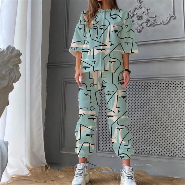 spring o neck print fashion womens pants casual set elegant summer mid sleeves long loose pullover soft streetwear sets, White
spring o neck print fashion womens pants casual set elegant summer mid sleeves long loose pullover soft streetwear sets, White