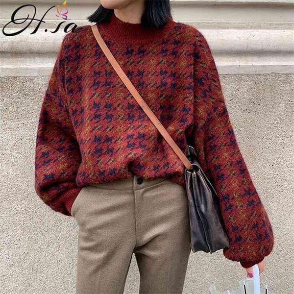 winter women's clothing retro red plaid sweater pullovers oneck lantern sleeve oversized chic spring pull 210430, Black;gray
winter women's clothing retro red plaid sweater pullovers oneck lantern sleeve oversized chic spring pull 210430, Black;gray