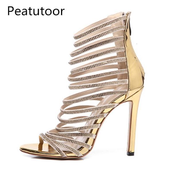 sandals peatutoor summer bling gold crystal thin strappy gladiator sandal shoes stiletto heel wedding pumps rhinestone ewr9, Black