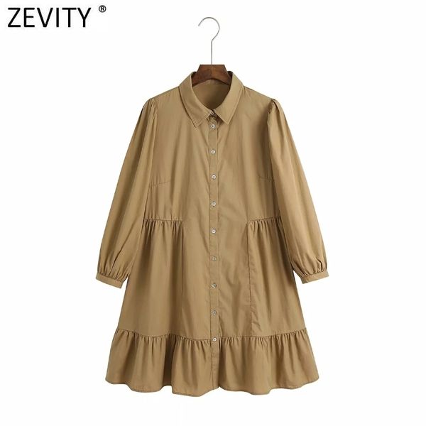 women fashion puff sleeve solid color breasted poplin shirt dress chic office lady pleat ruffles casual straight vestidos ds8243 210419, Black;gray