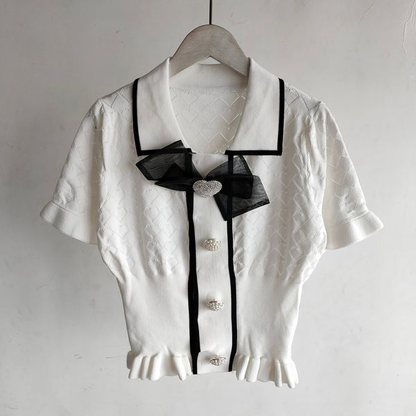 402 2021 summer brand same style regular short sleeve lapel neck kint white pink sweater pullover pink women clothes sc, White;black
402 2021 summer brand same style regular short sleeve lapel neck kint white pink sweater pullover pink women clothes sc, White;black
