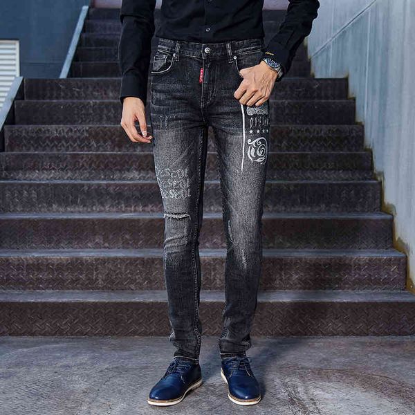 men's jeans fashion streetwear men black color elastic slim fit ripped printed designer hip denim long pants ev46, Blue
men's jeans fashion streetwear men black color elastic slim fit ripped printed designer hip denim long pants ev46, Blue