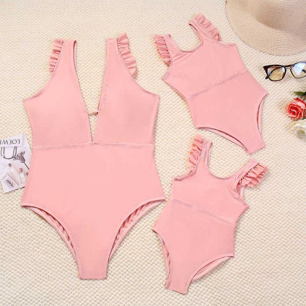 child 2021 parent swimsuit mother daughter baby pink v-neck family