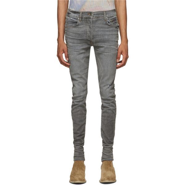 high street 20fw am smoky grey hole slp black slim fit fashion jeans for men and women in autumn winter, Blue