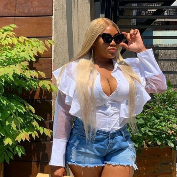 women see through mesh sheer crop blouse button deep v neck long sleeve ruffled shirt, White
women see through mesh sheer crop blouse button deep v neck long sleeve ruffled shirt, White