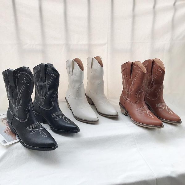 boots 2021 women retro embroidered western cowboy block heel mid-calf autumn winter pu leather slip on point toe booties, Black 
boots 2021 women retro embroidered western cowboy block heel mid-calf autumn winter pu leather slip on point toe booties, Black