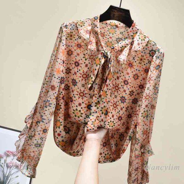 blouses bow tie collar shirt for woman ruffled sleeve elegant retro printed chiffon blouse office lady's all-match casual blusa, White
blouses bow tie collar shirt for woman ruffled sleeve elegant retro printed chiffon blouse office lady's all-match casual blusa, White