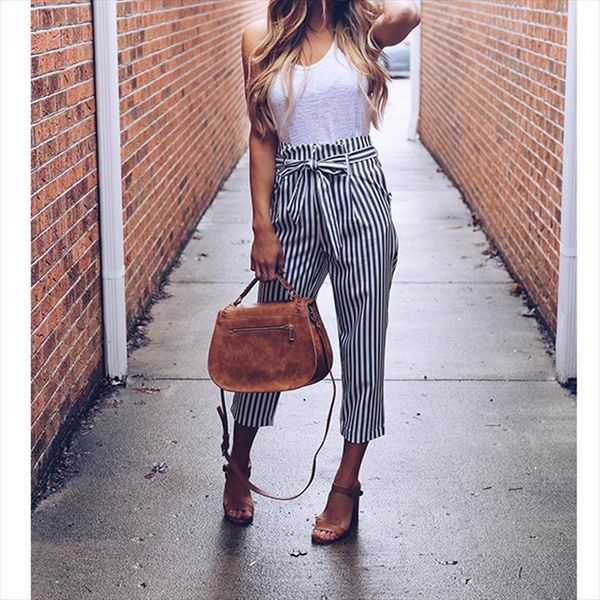 stripe fashion sweet elastic waist womens pants pockets casual trousers ankle length bow belt, Black;white
stripe fashion sweet elastic waist womens pants pockets casual trousers ankle length bow belt, Black;white