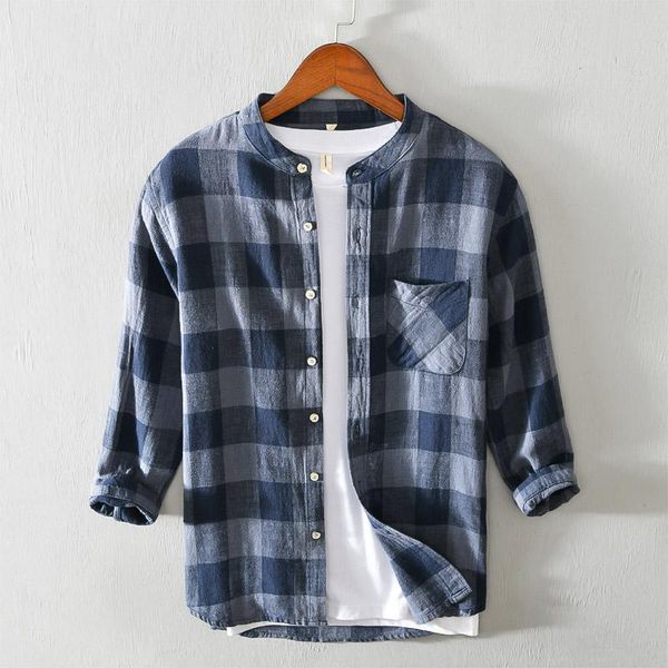 men's casual shirts plaid shirt for men three quarter sleeve vintage autumn male cotton linen stand collar clothes, White;black
men's casual shirts plaid shirt for men three quarter sleeve vintage autumn male cotton linen stand collar clothes, White;black