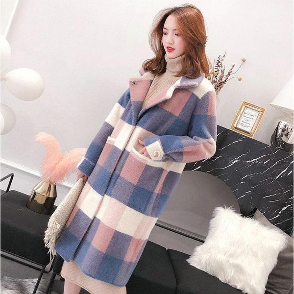 women's wool & blends autumn winter thick imitated mink plaid coat female long korean style 2021 lattice warm woolen ladies coats dd239, Black
women's wool & blends autumn winter thick imitated mink plaid coat female long korean style 2021 lattice warm woolen ladies coats dd239, Black