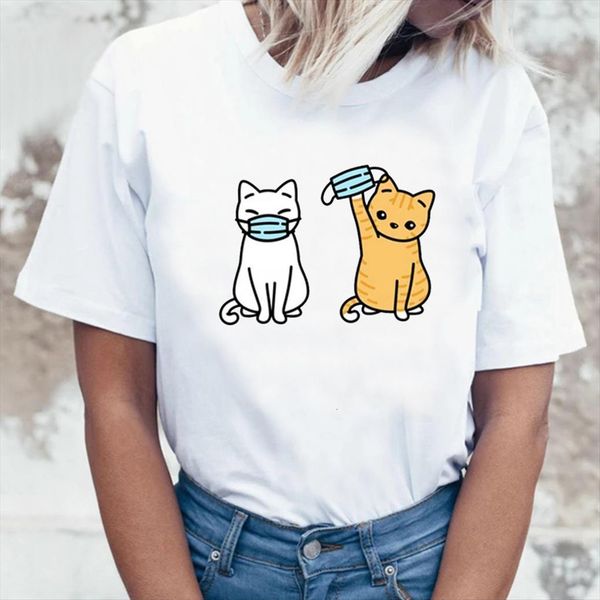 two cat print funny women t shirts tshirts round neck short sleeve kawaii tee shirt femme summer clothes, White
two cat print funny women t shirts tshirts round neck short sleeve kawaii tee shirt femme summer clothes, White
