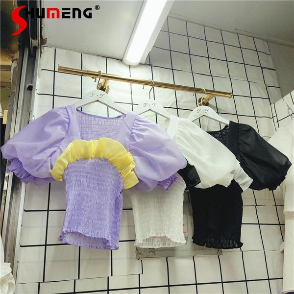 women's blouses & shirts summer purple contrast color ruffles pleated corset square collar puff sleeve slim-fit stretch short chiffon, White
women's blouses & shirts summer purple contrast color ruffles pleated corset square collar puff sleeve slim-fit stretch short chiffon, White