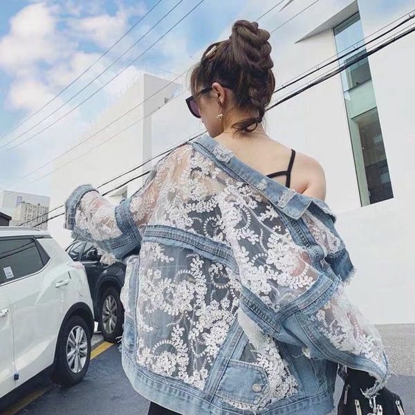 women denim jacket loose lace patchwork 2021 summer long sleeve plus size jean jackets coat ladies chic hollow outwear women's, Black;brown
women denim jacket loose lace patchwork 2021 summer long sleeve plus size jean jackets coat ladies chic hollow outwear women's, Black;brown