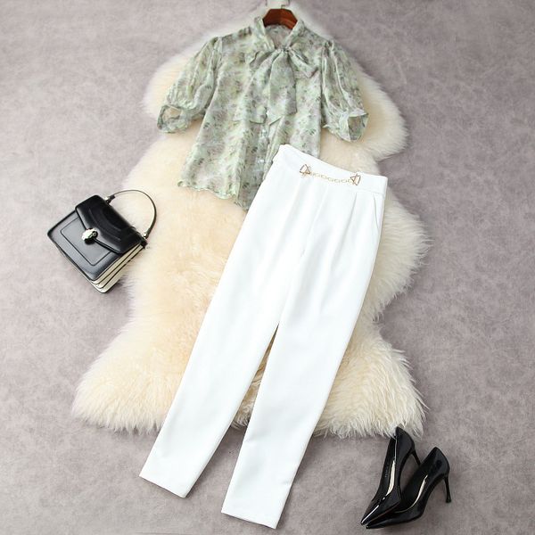 women's two piece pants european and american women's wear for spring print shirt five-quarter sleeves bow tie nine minutes of pan, White
women's two piece pants european and american women's wear for spring print shirt five-quarter sleeves bow tie nine minutes of pan, White