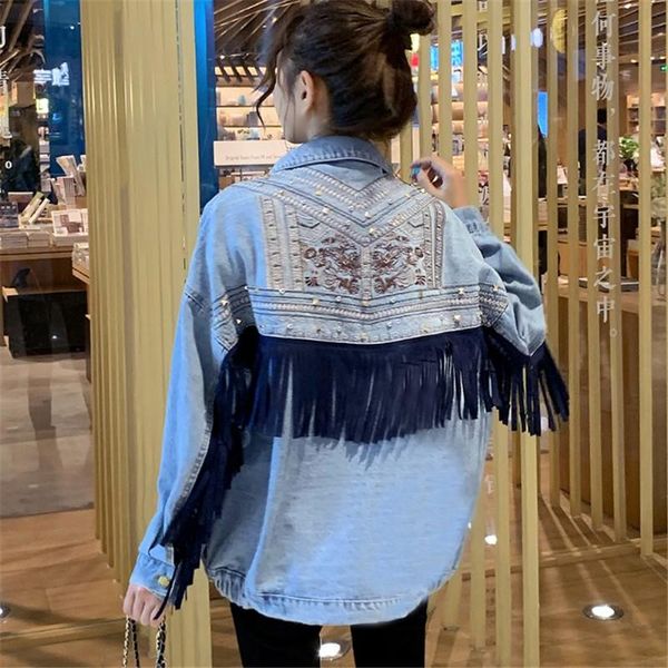women's jackets cbafu spring autumn women coat denim jacket korean floral embroidery suede fringe loose chaquetas mujer long sleeve out, Black;brown
women's jackets cbafu spring autumn women coat denim jacket korean floral embroidery suede fringe loose chaquetas mujer long sleeve out, Black;brown