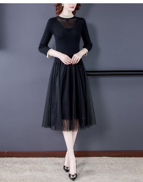 spring autumn knited dress women lace parchwork elegant long sleeve sweater pleats dresses casual slim oversize mesh mid, Black;gray
spring autumn knited dress women lace parchwork elegant long sleeve sweater pleats dresses casual slim oversize mesh mid, Black;gray