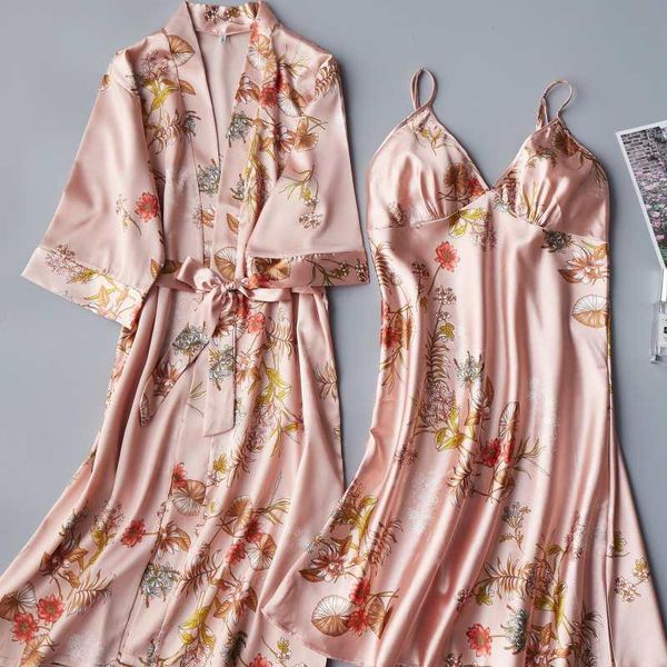 women's sleepwear 2021 summer nightwear 2pcs robe set satin lady kimono bathrobe gown print intimate lingerie home clothes, Black;red
women's sleepwear 2021 summer nightwear 2pcs robe set satin lady kimono bathrobe gown print intimate lingerie home clothes, Black;red