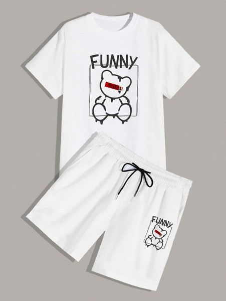 men bear and letter graphic tee & drawstring waist shorts p0oe#, Gray 
men bear and letter graphic tee & drawstring waist shorts p0oe#, Gray