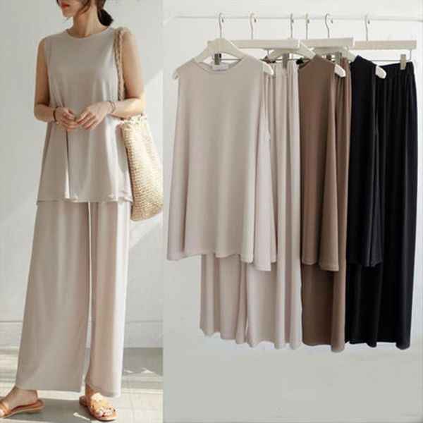 two pieces set plain casual womenpant wide leg fashion round neck fashionable sleeveless shirt solid comfortable trousers, White
two pieces set plain casual womenpant wide leg fashion round neck fashionable sleeveless shirt solid comfortable trousers, White