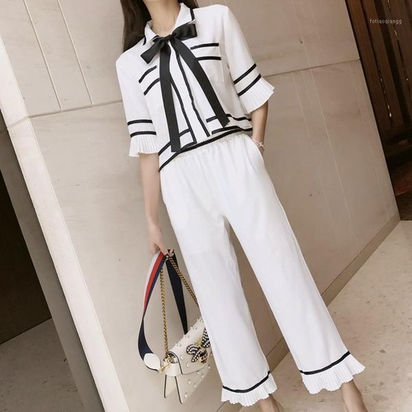 bow turn-down neck half-sleeved + elastic waist pants two-piece suit women summer fashion pleated ruffles trousers sets women's tracksu, Gray
bow turn-down neck half-sleeved + elastic waist pants two-piece suit women summer fashion pleated ruffles trousers sets women's tracksu, Gray