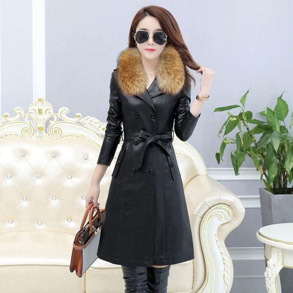 women's leather & faux genuine racoon dog fur collar long jacket women fashion coat female m-5xl plus size turn outerwear, Black
women's leather & faux genuine racoon dog fur collar long jacket women fashion coat female m-5xl plus size turn outerwear, Black