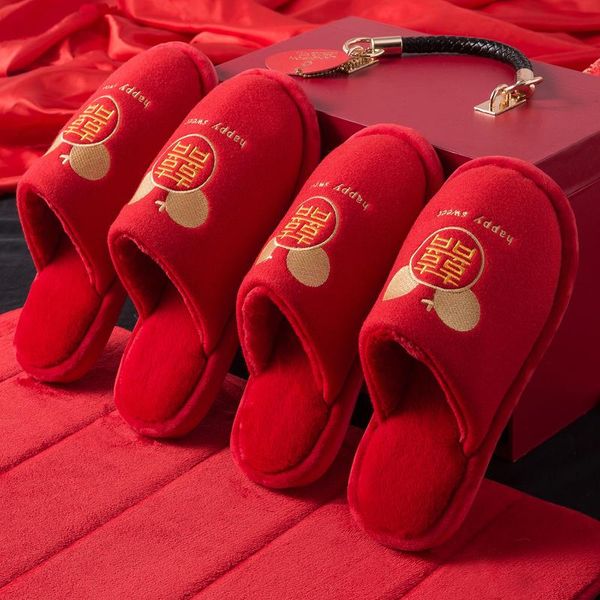 wedding slipper knot husband wife married red thick bottomed indoor household anti-slip couples cotton slippers, Black