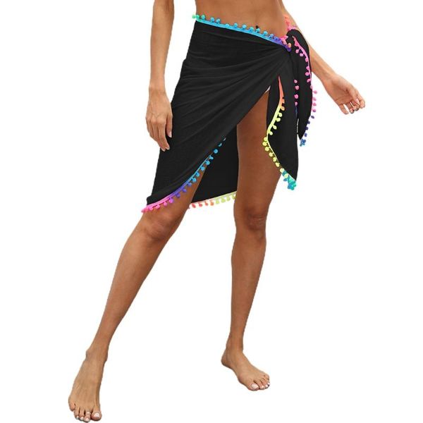 women's swimwear a5kc women bikini cover up beach sarong rainbow pompom trim tie wrap skirt, White;black
women's swimwear a5kc women bikini cover up beach sarong rainbow pompom trim tie wrap skirt, White;black