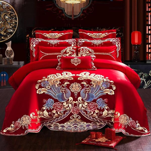 bedding sets luxury peacock embroidery red chinese style wedding 100% pillowcases 4/6/9pcs sheet/linen bed duvet set cover cotton