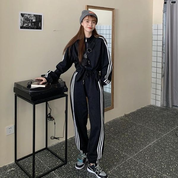 women's hoodies & sweatshirts autumn 2021 hit color fashion sweatshirt sports loose long sleeve coat casual street simple striped woman, Black 
women's hoodies & sweatshirts autumn 2021 hit color fashion sweatshirt sports loose long sleeve coat casual street simple striped woman, Black