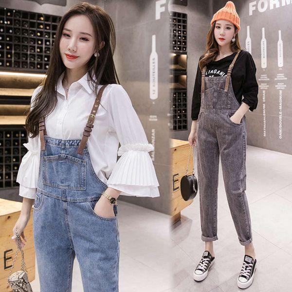 net red denim suspender pants autumn fashion loose age reducing leisure style, Blue