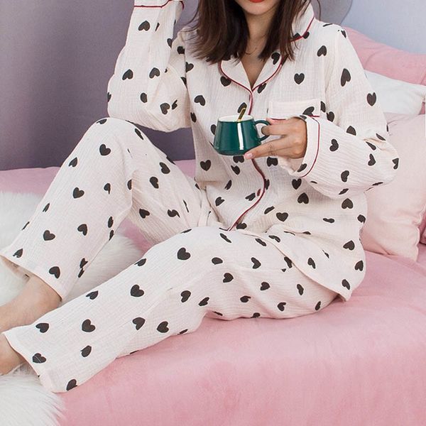 women's sleepwear ladies autumn new pyjamas set cute cartoon printed soft gauze cotton turn-down collar full sleeve homewear casua, Black;red
women's sleepwear ladies autumn new pyjamas set cute cartoon printed soft gauze cotton turn-down collar full sleeve homewear casua, Black;red