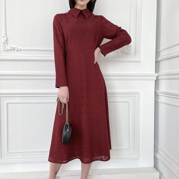 dress women high wait midi dress embroideried decor turn-down collar robe 2021 spring female long0sleeved dresses, Black;gray 
dress women high wait midi dress embroideried decor turn-down collar robe 2021 spring female long0sleeved dresses, Black;gray