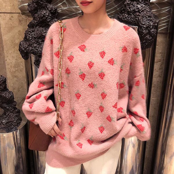 women's sweaters loose print knitted pullover women pink o-neck knitwear autumn winter jumpers strawberry pattern female swee, White;black 
women's sweaters loose print knitted pullover women pink o-neck knitwear autumn winter jumpers strawberry pattern female swee, White;black