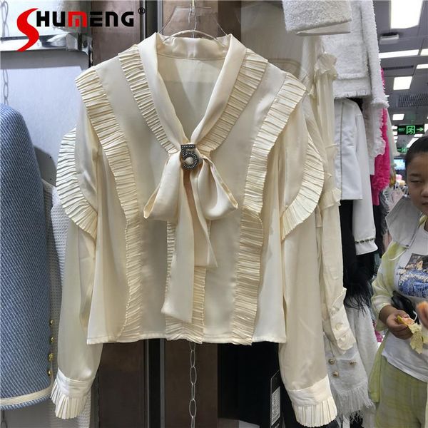 women's blouses & shirts french solid color long sleeve elegant ruffles lace-up bow pleated 2021 autumn winter women, White
women's blouses & shirts french solid color long sleeve elegant ruffles lace-up bow pleated 2021 autumn winter women, White