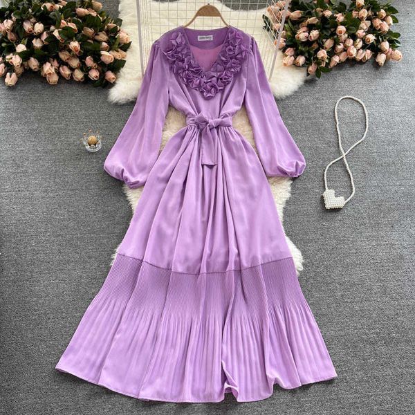 vintage purple/pink/yellow long dress women elegant 3d flower puff sleeve draped vestidos female pleated robe spring autumn 2021 y0603, Black;gray
vintage purple/pink/yellow long dress women elegant 3d flower puff sleeve draped vestidos female pleated robe spring autumn 2021 y0603, Black;gray