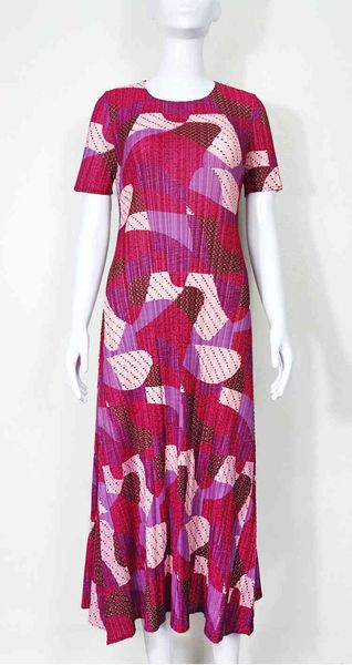 dress miyake fold short sleeve geometry print o-neck a-line, Black;gray