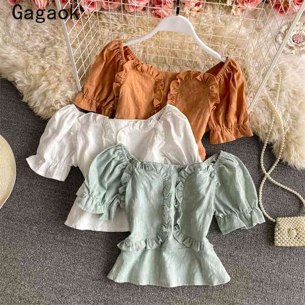 blouse women summer puff sleeve square collar solid sweet ruffles shirts slim korean chic candy color blouses 210531, White
blouse women summer puff sleeve square collar solid sweet ruffles shirts slim korean chic candy color blouses 210531, White