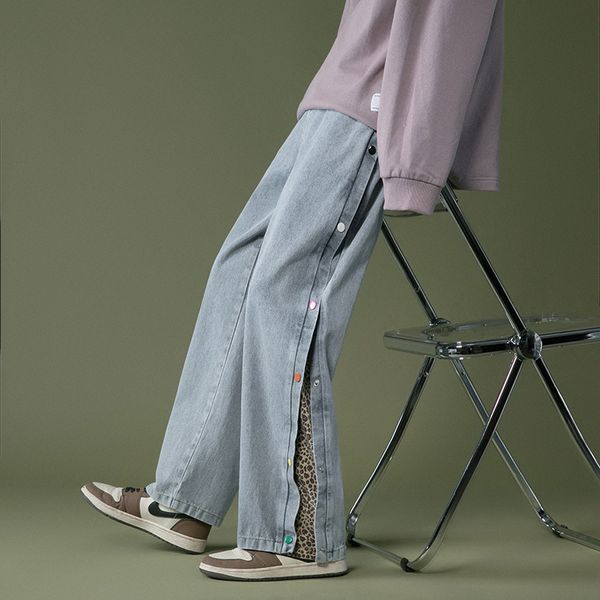 2021 New Double Side Button Straight Jeans Men Leopard Printed Fashion Streetwear Casual Loose Trousers Wide Leg Harem Pants, Dark blue
2021 New Double Side Button Straight Jeans Men Leopard Printed Fashion Streetwear Casual Loose Trousers Wide Leg Harem Pants, Dark blue