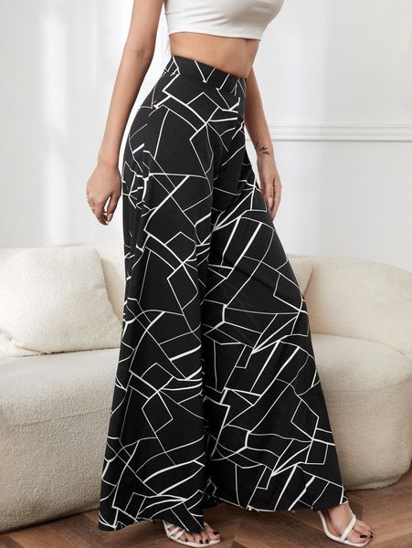 high waisted allover print wide leg pants g27v#, Black;white