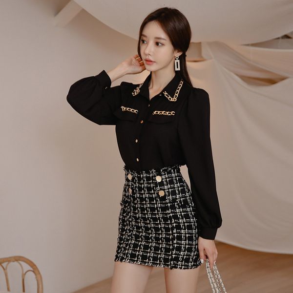 skirts wet spring lantern female manga black chiffon shirt + tweed chess pencil short lady from office 2 pieces set
skirts wet spring lantern female manga black chiffon shirt + tweed chess pencil short lady from office 2 pieces set