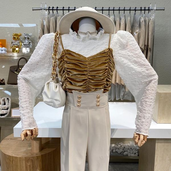 women's t-shirt brand original design 2021 sweet age reduction agaric collar bubble sleeve drape velvet sling belt vest suit, White
women's t-shirt brand original design 2021 sweet age reduction agaric collar bubble sleeve drape velvet sling belt vest suit, White