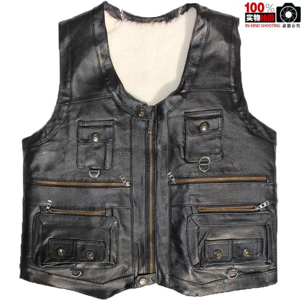 men's fur vest wool warm thickened real leather multi-pocket vests, Black;white
men's fur vest wool warm thickened real leather multi-pocket vests, Black;white