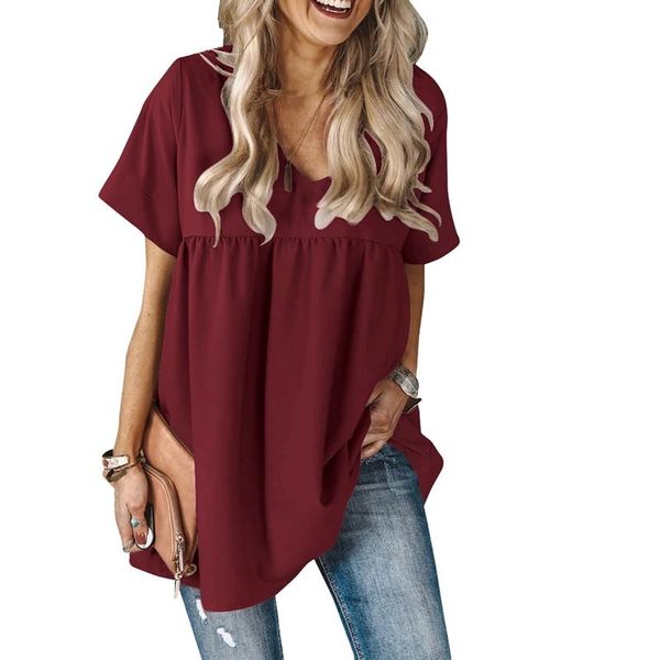 women's t-shirt summer fashion v-neck short sleeve loose pleated wine red l size, White
women's t-shirt summer fashion v-neck short sleeve loose pleated wine red l size, White