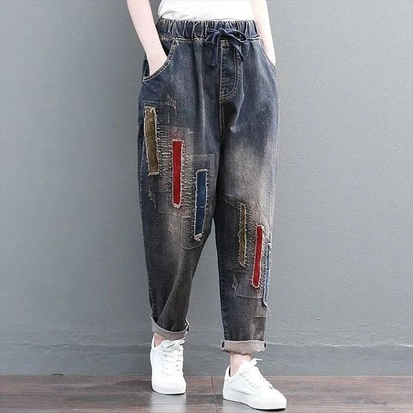 denim patch embroidery elastic waist women jeans harem pants retro loose plus fat size lady high l125, Blue
denim patch embroidery elastic waist women jeans harem pants retro loose plus fat size lady high l125, Blue