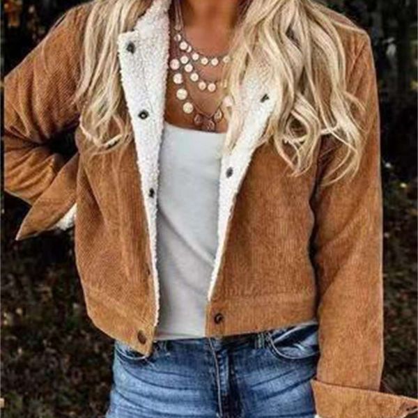 autumn and winter women's wool collar lamb corduroy splicing jacket, Black;brown 
autumn and winter women's wool collar lamb corduroy splicing jacket, Black;brown
