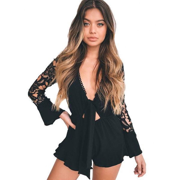women's jumpsuits & rompers 2021 lace hollow sleeve deep v up ruffled playsuit, Black;white
women's jumpsuits & rompers 2021 lace hollow sleeve deep v up ruffled playsuit, Black;white
