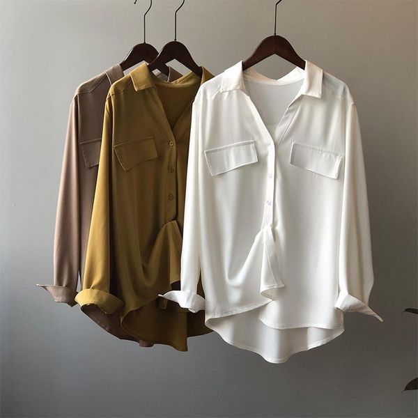 women's blouses & shirts blouse 2021 girls autumn fashion elegant for women classic loose long sleeve khaki shirt mujer, White
women's blouses & shirts blouse 2021 girls autumn fashion elegant for women classic loose long sleeve khaki shirt mujer, White