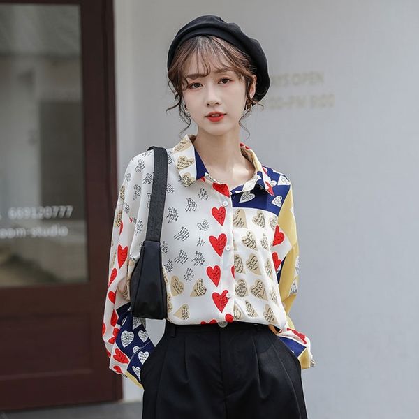 women's blouses & shirts color block long sleeve button up collared heart print patchwork korean blouse ladies spring fbtc, White
women's blouses & shirts color block long sleeve button up collared heart print patchwork korean blouse ladies spring fbtc, White