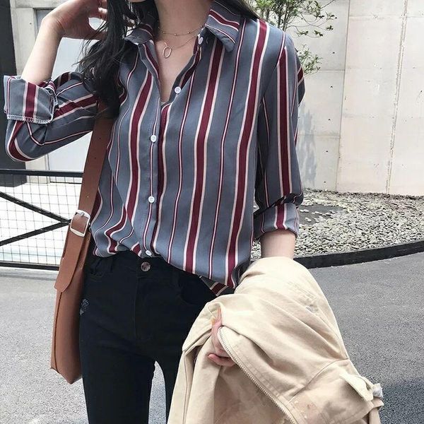 women's blouses & shirts plus size chiffon strip printed loose long sleeve summer full shirt chemisier l0814 l4m2, White 
women's blouses & shirts plus size chiffon strip printed loose long sleeve summer full shirt chemisier l0814 l4m2, White