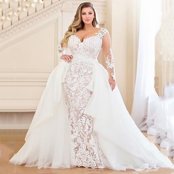 off shoulder long sleeves plus size lace mermaid wedding dresses with detachable train appliques tulle bridal gowns, White
off shoulder long sleeves plus size lace mermaid wedding dresses with detachable train appliques tulle bridal gowns, White